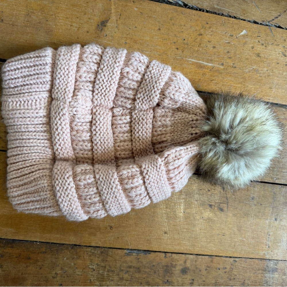 CC Cozy Blush Pink Knit w/ Faux Fir Pom-Pom Beanie - Picture 2 of 2